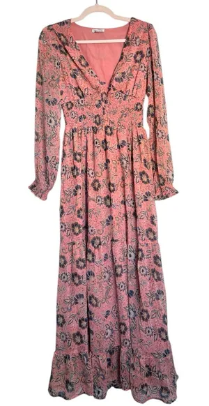 Patrons of Peace Pastel Pink Floral‎ Boho Smocked Long Sleeves Maxi Dress Medium thumbnail 1