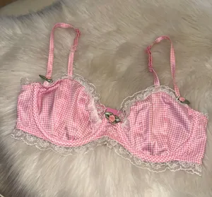 For Love And Lemons Pink Gingham Lace-Trim Underwire Bra with Rose Detail thumbnail 1
