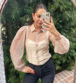 Free People Beautiful sheer cream balloon sleeve blouse sz s thumbnail 1