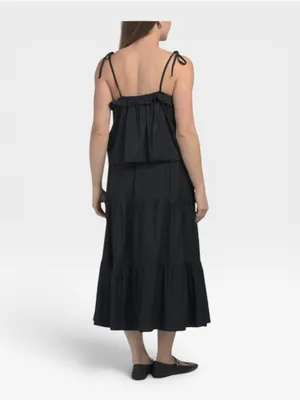 NWT LE LIS Navy Blue Satin Ruffle Crop Top Maxi Skirt 2 Piece Set Small thumbnail 3