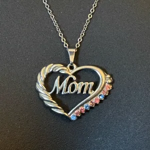 Silver tone open heart pink and blue rhinestone Mom pendant necklace thumbnail 2