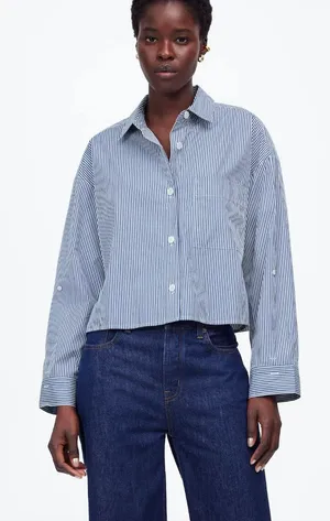 Madewell Straight-Hem Button Up Cropped Shirt in Blue / White Stripe Size Large thumbnail 1