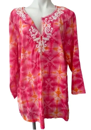 J. Jill Tie-Dye Embroidered V-Neck Tunic boho whimsy coastal chic top thumbnail 1
