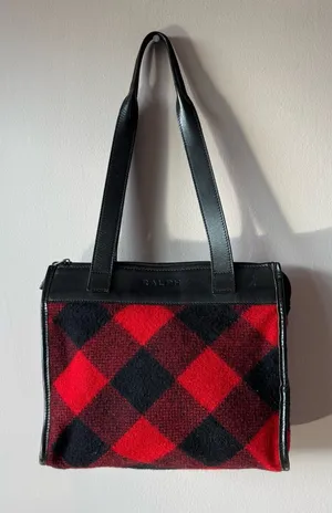 Ralph Lauren Vintage 1990s Wool and Leather Square Buffalo‎ Plaid Shoulder Bag thumbnail 1