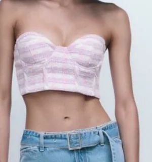 NEW! Zara Small Top Bustier Corset Crop‎ Top Tweed Plaid Pink Purple thumbnail 1