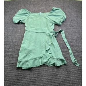 Mint Green Puff Sleeve Ruffle Mini Dress Square Neck Wrap Tie Side‎ Split Large thumbnail 3