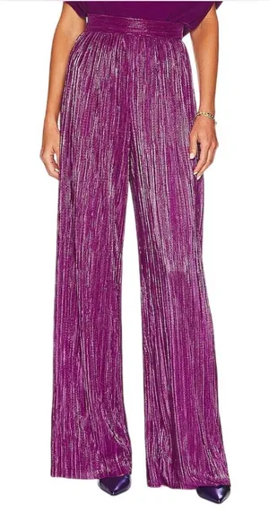 Sabina Musayev Revolve Tom Wide Leg Pleated Shimmer High Waist Pants Purple S thumbnail 1