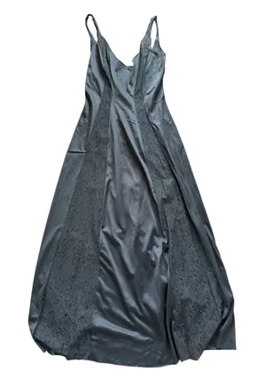 Vintage 70s Black Satin Lace Insert Plunge Sleeveless Maxi Slip Gown Whimsygoth thumbnail 1