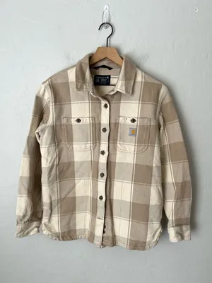 Carhartt Loose Fit Heavyweight Duck Shacket Plaid Oatmeal Size Small thumbnail 3