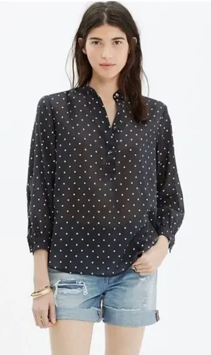 Madewell Women’s Black Shirred Popover‎ Shirt Polka Dot Cotton Size Medium thumbnail 1