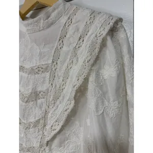 Ultra Pink White Embroidered Lace Victorian Mock Neck Cotton Blouse Top Medium thumbnail 9