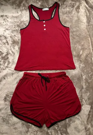 Vlazom Pajama Set Women’s Size S Burgundy/Red Racerback Tank Black Trim thumbnail 1