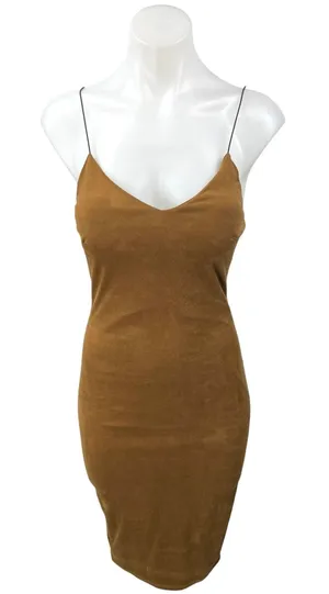 The Vintage Shop Brown Faux Suede Vegan Sleeveless Cami Mini Bodycon Dress Sz S thumbnail 1
