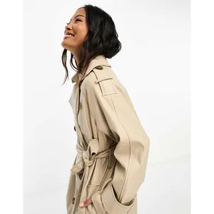ASOS DESIGN Tan Faux Leather Trench Coat Size 12 Long Preppy Chic Minimalist thumbnail 8
