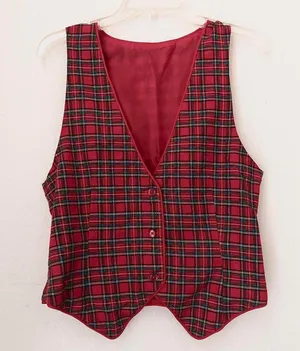 90s Whimsygoth Red green black plaid tartan vest schoolgirl preppy office siren core, tie back #grunge #y2k #goth #retro #boho thumbnail 1