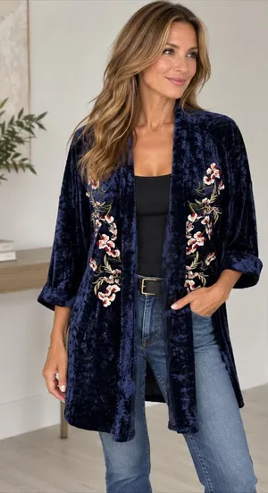 She + Sky Navy Crushed Velvet Embroidered Kimono thumbnail 1