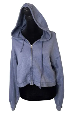 Aerie Crop Distressed Hoodie Full Zip Size S Blue Grunge Boxy Oversized thumbnail 1
