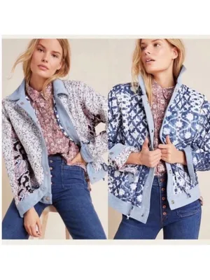 BLANK NYC Anthropologie Reversible Patchwork Denim cotton Jean Jacket XS fits M thumbnail 2