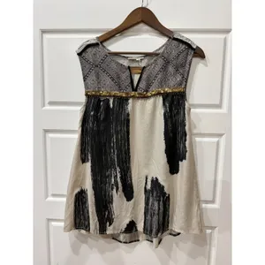 Anthropologie Floreat Cream Black Abstract Beaded Embellished Tunic Top Size 6 thumbnail 2