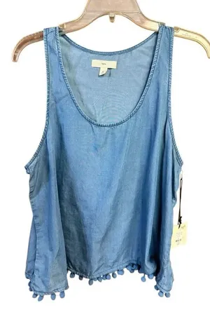 TGLA Chambrey denim tank top flowy, cropped silhouette pom-pom trim along the he thumbnail 1