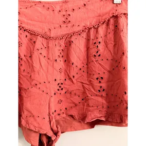 American‎ Eagle Eyelet Shorts Womens Large Rust Terracotta Boho Smocked Pom Pom thumbnail 2