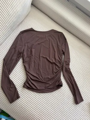 Pink Rose Chocolate Brown Long Sleeve Twist Front Top M thumbnail 4