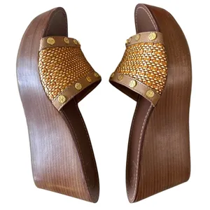 Tory Burch Joanie Straw Wedge Slides Tan‎ Studded 9.5 Boho thumbnail 9