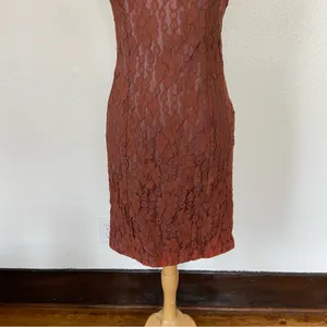 Vintage 70s 80s Brown Lace Sleeveless Sheath Cocktail Dress thumbnail 4