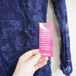 Marina NEW Navy Blue Floral Lace Faux‎ Wrap Midi Dress Asymmetrical Hem Wedding thumbnail 9