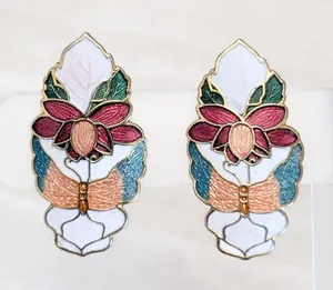 Vintage Clip On Earrings Cloisonné Flower Floral Statement thumbnail 1