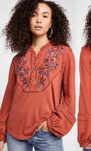 Free People Orange Cedar Sundance Kid Embroidered Western Henley Shirt Size S thumbnail 1