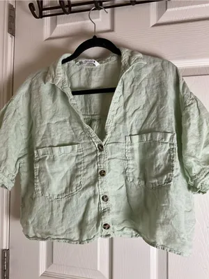 Zara Linen Crop Short Sleeve Button Down Blouse Mint Green Large Boho thumbnail 3