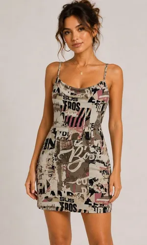 Forever 21 Size L Newspaper Graphic Cowl Neck Mesh Mini Dress Y2K Grunge thumbnail 1