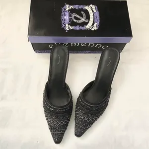 2000s Y2K Whimsygoth Romantic Coquette Black mules kitten heels pumps sequins beading genuine leather. Glamorous embellished pointed-toe sandals-Women’s size 8 Approx 2.5” kitten heels #coquette #twee #fairycore #whimsygoth #dark thumbnail 3
