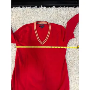 Vintage Tommy Hilfiger Red V Neck Sweater Gold Trim Pima Cotton‎ Blend Size M thumbnail 3