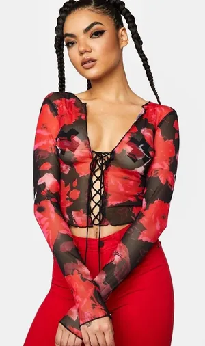 Lioness Mesh Top Women S Red Black Floral Lace Up Grunge Goth‎ Y2K Romantic thumbnail 1