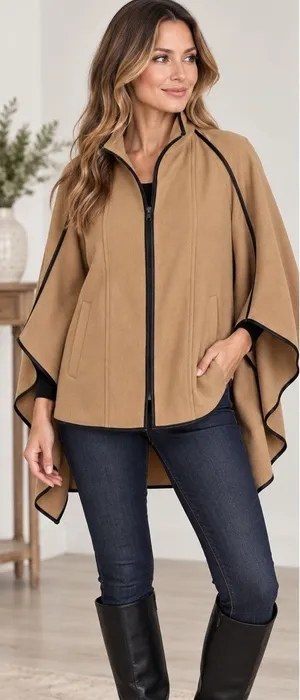 A New Day Camel Brown Zip Up Cape Jacket with Faux Leather Trim Size M New Tags thumbnail 1
