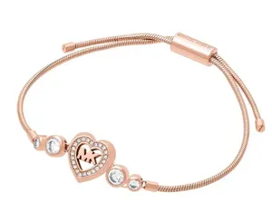 Michael Kors Pave Crystal MK Logo Heart Rose Gold Slider Adjustable Bracelet thumbnail 2
