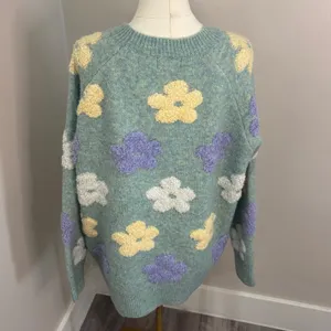 Adora Floral Knit Sweater Sage Green Purple Yellow 3D Flower Pullover L thumbnail 3
