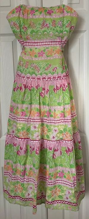Lilly Pulitzer Strapless Floral monkey Cotton Midi Dress Pink Green Size 6 thumbnail 1