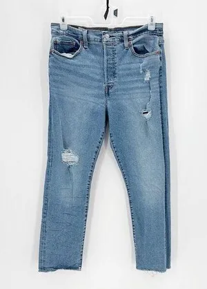 Levi’s wedgie straight raw hem distressed stretch jeans size 32 light wash thumbnail 1