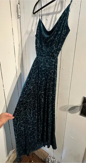 AKIRA NWT Elegant Teal Green Velvet Slip Dress with Floral Burnout side cutout thumbnail 1