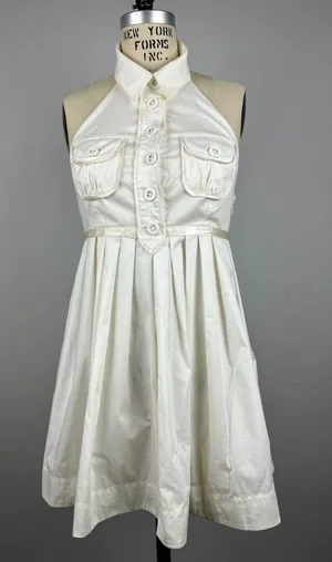 Vintage Y2K Bebe Off White Halter Tanya Mini Dress Pleated Button Front Size S thumbnail 1