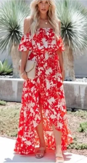 Vici Azalea Floral Off‎ Shoulder Hi-Low Dress Size Medium Red/Orange thumbnail 1