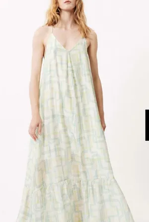 FRNCH Maxi White/Green/Blue Linen Sundress Summer Beach Boho Whimsical - Size M thumbnail 1