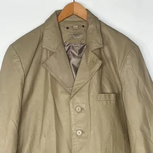 Vintage Y2K Cougar Leather Taupe Beige Oversized Long Jacket Coat Womens L thumbnail 2