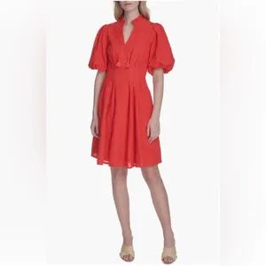 Eliza J Floral Embroidered Puff Sleeve Cotton Fit & Flare Dress in Red 14 thumbnail 3