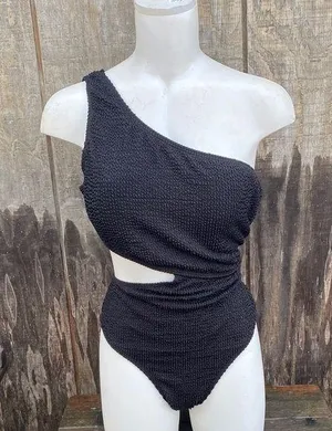 Woman’s New XL Elegant Black One-Shoulder Mokini Side Cut Out Textured Retro thumbnail 1
