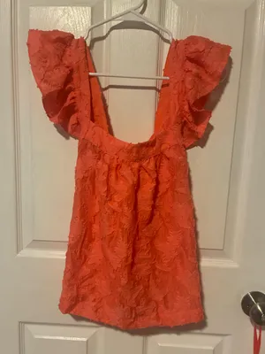 By Anthropologie Amber Tank Top Coral Ruffle Criss-Cross Straps Textured size S thumbnail 3