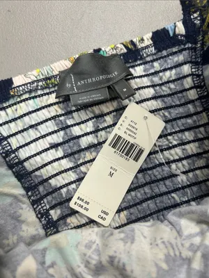 NEW Anthropologie Blue Floral Smocked Strapless Crop Top Yellow White Medium thumbnail 2